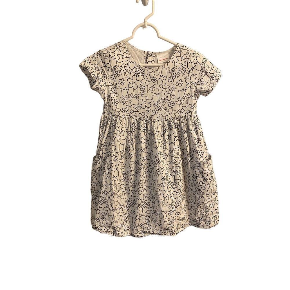 Hanna Anderson White Dress with Black Floral print pockets size 8